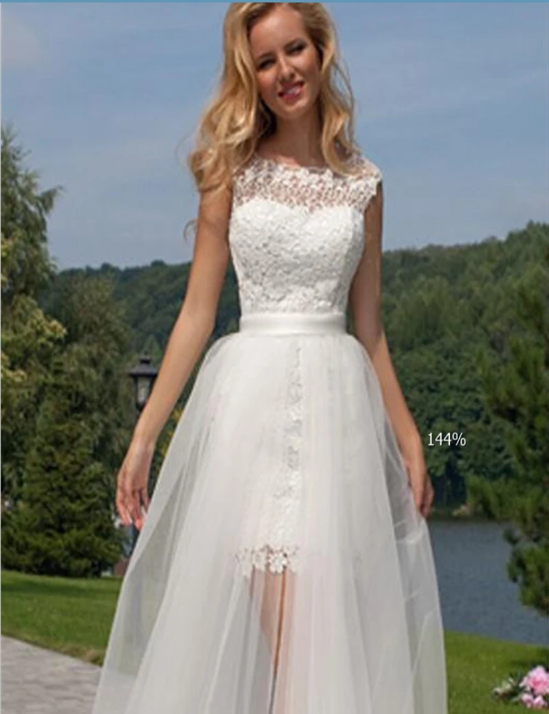 2017 Short Front Long Back Wedding Dress Scalloped Open 2017 Short Front Long Back Wedding Dress Scalloped Open Detachable Train Lace High Low Gowns Vestidos De Novia In Dresses From Weddings