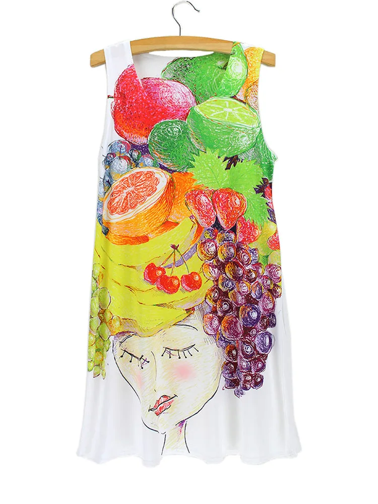 fruits banana orange coloful dress grapes lemon cherry lady portrait