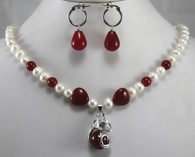 

fashion designed 8mm white shell pearl decrorated with red jade necklace mathed earrings dotted with dragon pendant sets