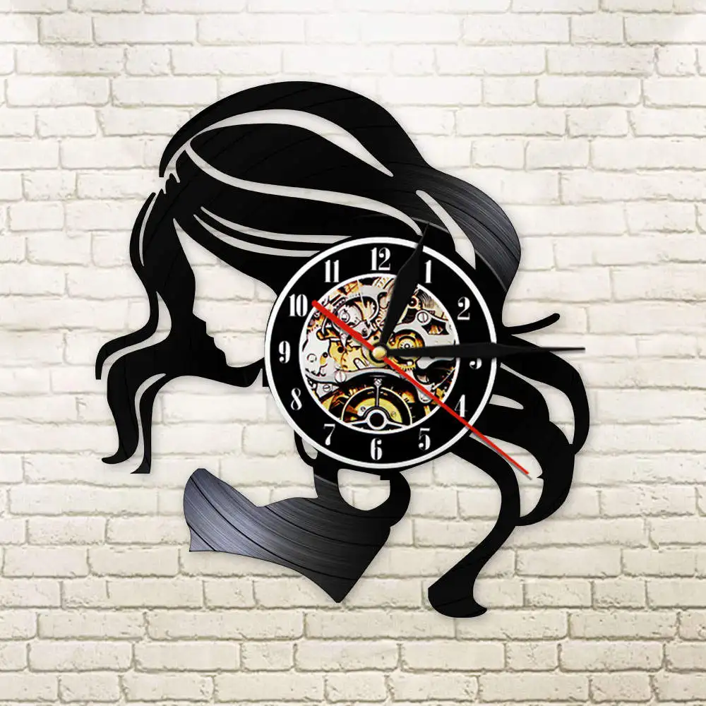 

Barber Shop Girl Beauty Hair Salon Decorative Vinyl Wall Clock Modern Design 3D Watches Wall Decor Hairdresser Barber Wall Art