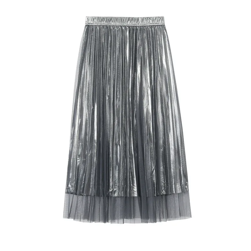 Женская металлическая Серебряная юбка с эластичной талией Миди юбка с высокой талией металлическая сетчатая юбка в складку вечерние Клубные женские Saia Fenim KI2744H
