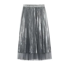 Женская металлическая Серебряная юбка с эластичной талией Миди юбка с высокой талией металлическая сетчатая юбка в складку вечерние Клубные женские Saia Fenim KI2744H