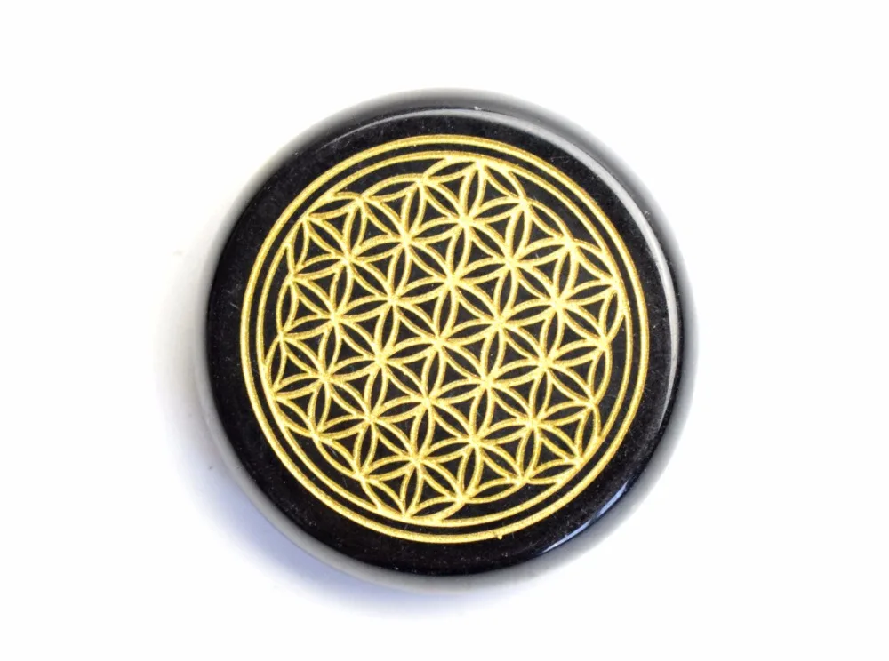 

Natural Chakra Black Obsidian Engraved Crystal Flower of Life Reiki Healing Round Palm Stone with a Free Pouch