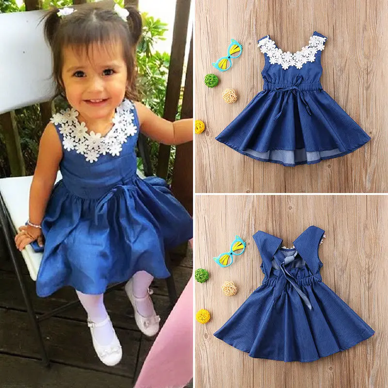 

2018 New Fashion Hot Cute Toddler Kids Baby Girl Lace Floral Denim Princess Party Dress Sundress 1-6Y