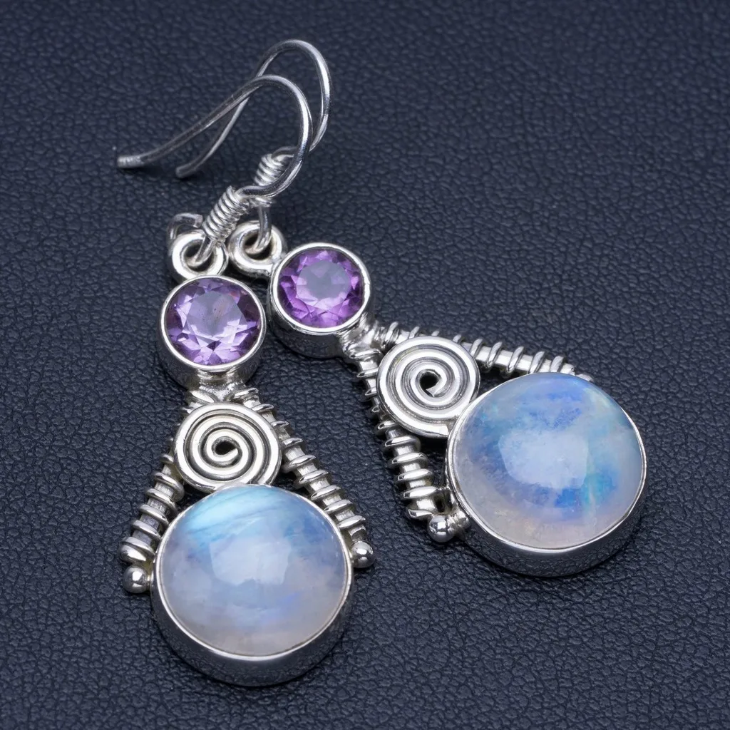 

Natural Moonstone and Amethyst Unique Punk Style 925 Sterling Silver Earrings 1 3/4" P1423
