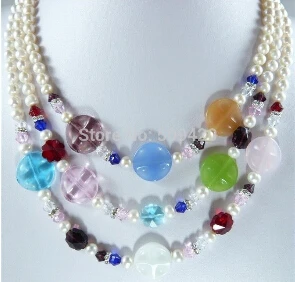 

Free shipping >>@ >>HOO! 3Strands 7-8mm White Akoya Pearl&Multicolor Crystal Necklace