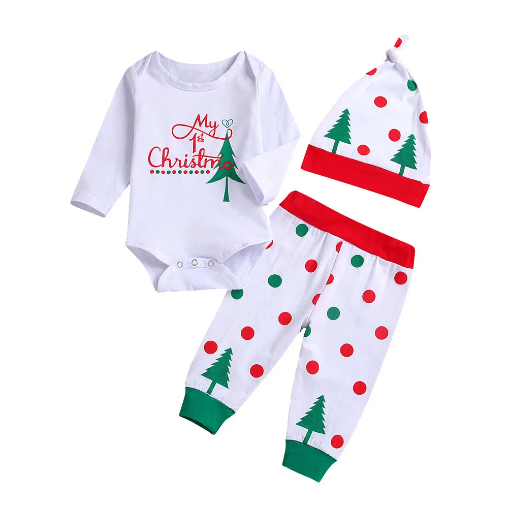

Children Clothing Set O-neck Cotton Infant Baby Letter Print Jumpsuit Romper+Christmas Tree Print Pants+Hat Outfit sets