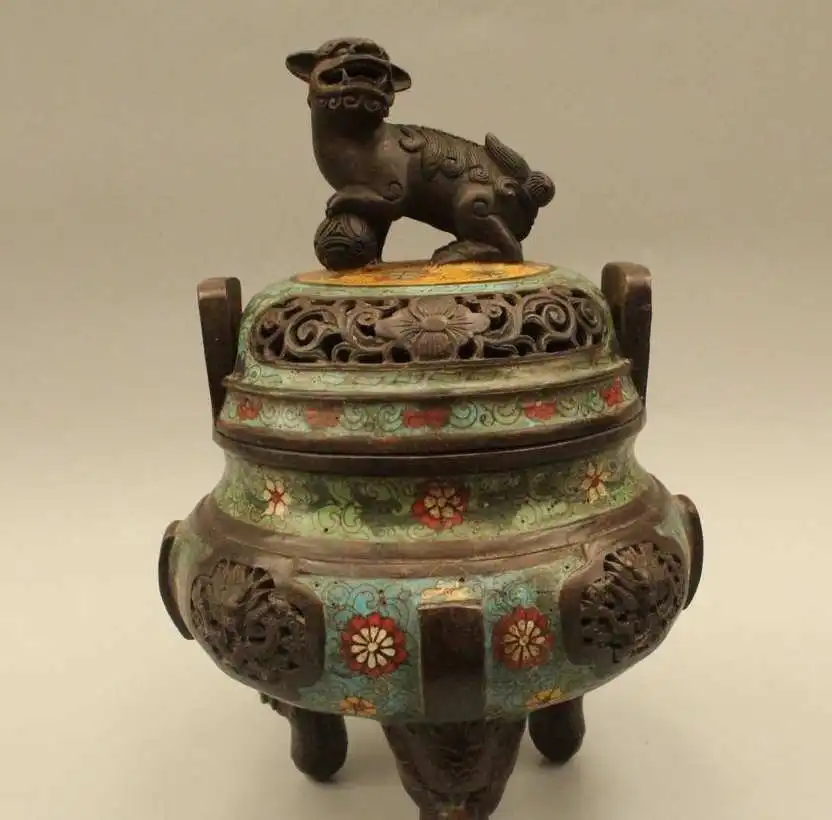 

11" Marked Chinese Dynasty Bronze Cloisonne Dragon Foo Dog Incense Burner Censer