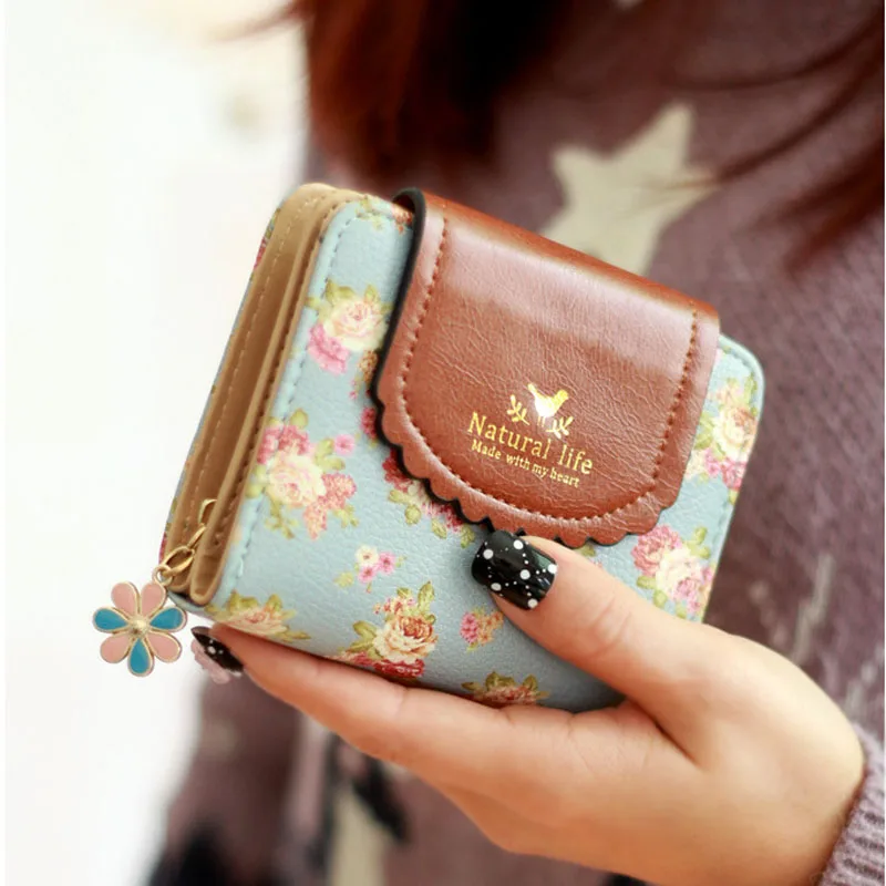 

2016 new fashion women wallets short casual cartoon women purses print flower PU leather card holder ladies wallet,LB2505