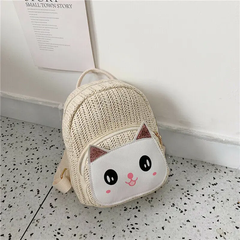 Новая соломенная сумка для маленьких девочек, рюкзак с милым мультяшным принтом, школьная сумка, модная мини-сумка на плечо - Цвет: White cat