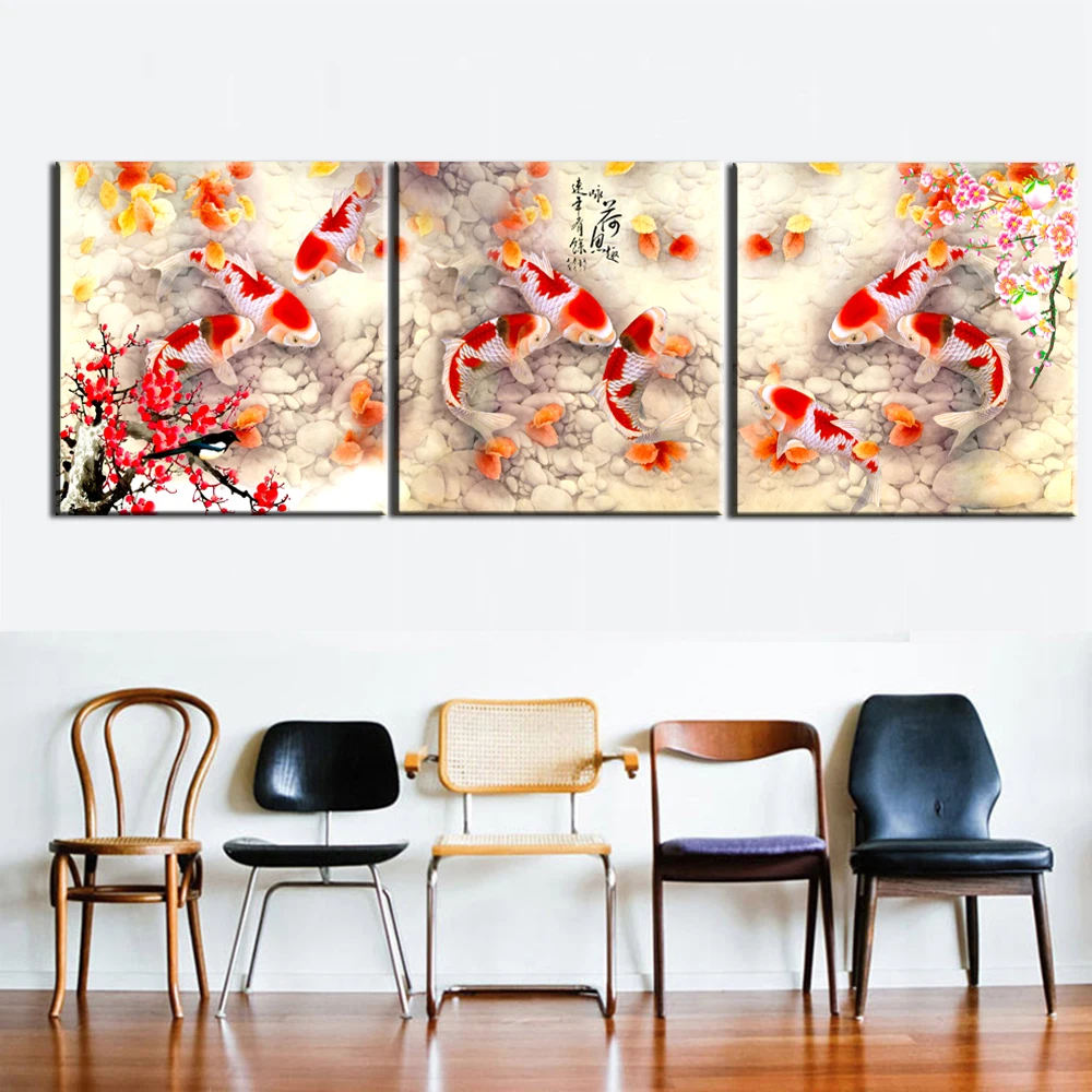 xh35 HD Prints wall Painting poster 3pcs Koi fish canvas art painting for dinner room and bedroom decoration