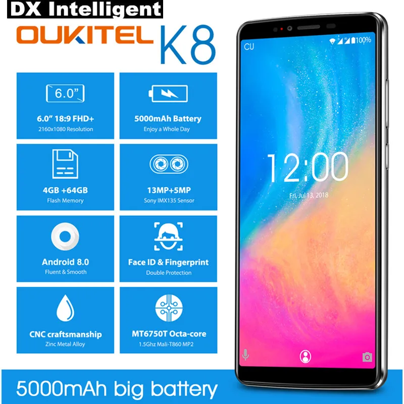 OUKITEL K8 4GB 64GB 6.0" FHD 18:9 Full Display Face ID Mobile Phone MT6750T Octa Core Android 8.0 13MP Dual Back Camera Touch ID