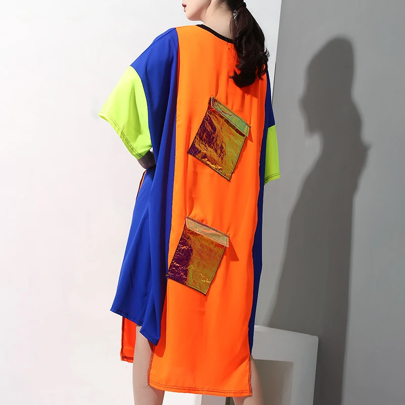 [EAM] New Spring Summer Round Neck Three-quarter Sleeve Big Pocket Split Joint Big Size Long Dress Women Fashion JX0241