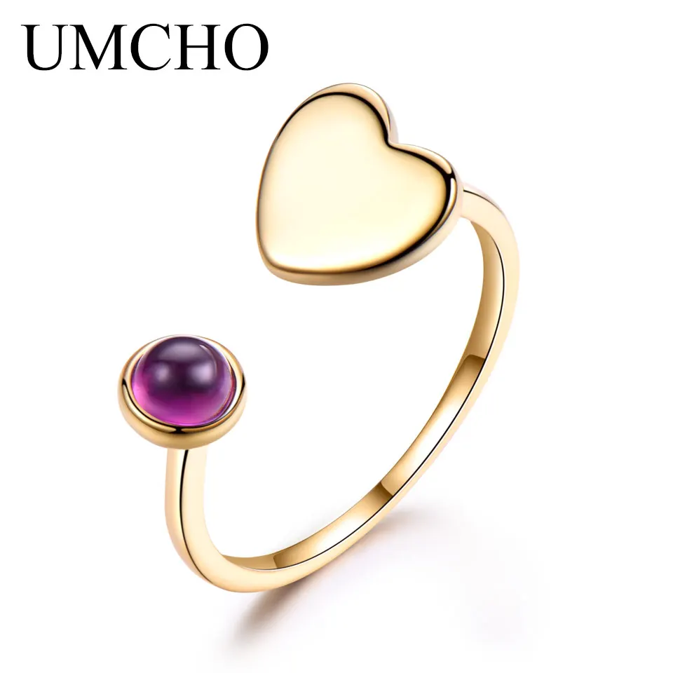 

UMCHO Natural Amethyst Gemstone Rings For Women Adjustable Ring Solid 925 Sterling Silver Heart Wedding Ring Silver 925 Jewelry