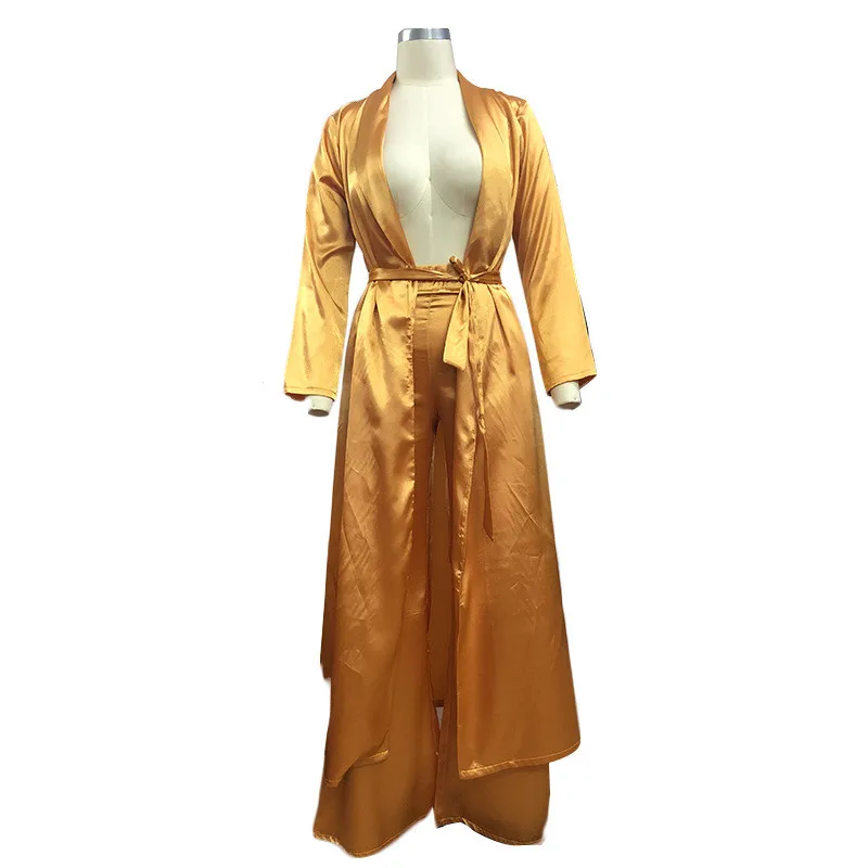 Satin Two Piece Set Women Fashion Long Kimono Cardigan Trench Coat and Wide Leg Pants Set Ladies Trousers Suits 2 Piece Outfits