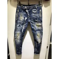 2019 Горячие Роскошные рваные джинсы мужские лоскутные мото & байкерские напечатанные нищие укороченные брюки мужские ковбойские джинсовые