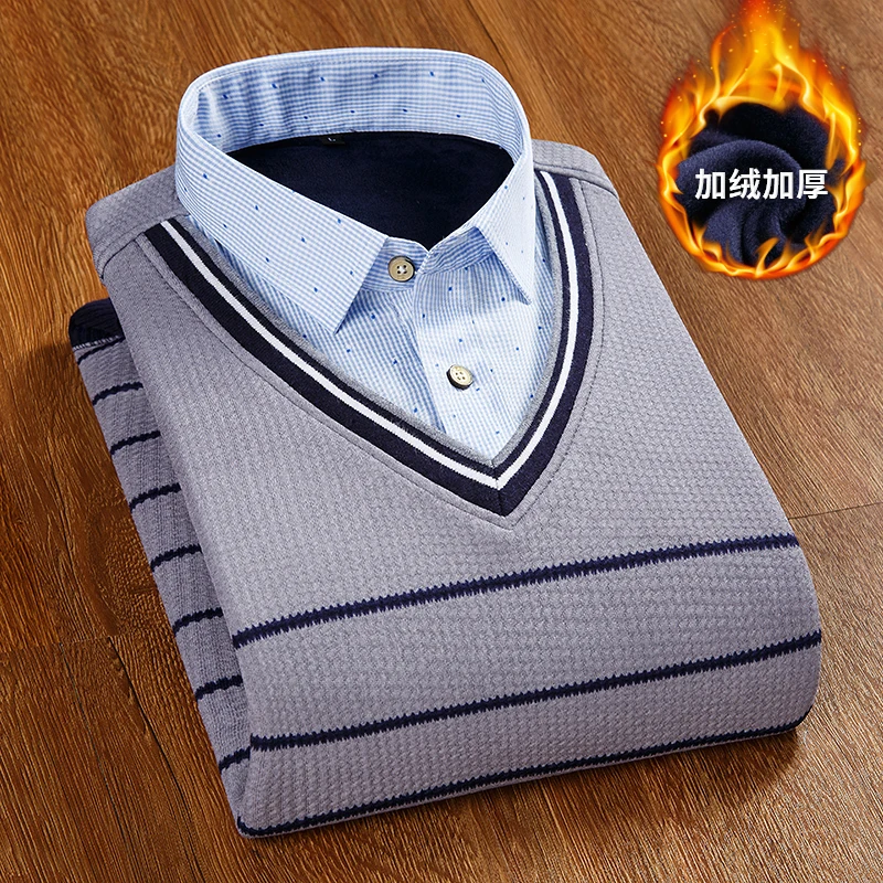 2018 Winter New Fashion Plush Thick Long Sleeves Fake Two Pieces Weather Male Young Korean Warm Shirt Collar Knitted Outwear