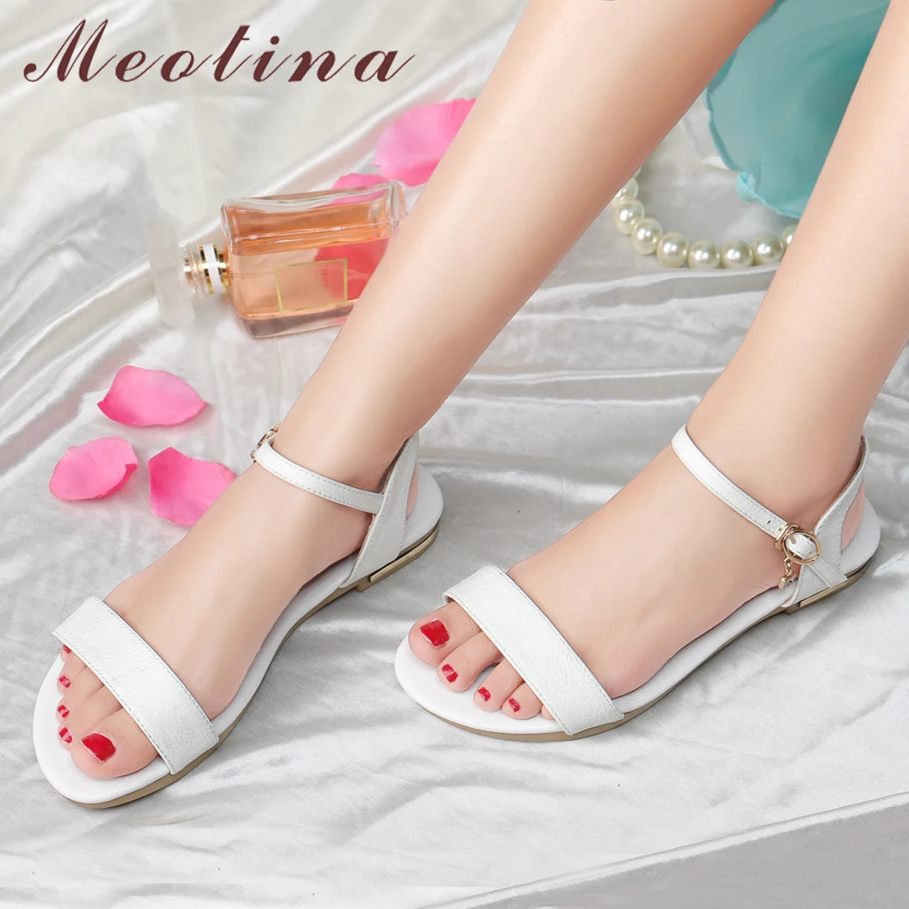 

Meotina Women Sandals Summer Shoes Natural Genuine Leather Crystal Flat Shoes Buckle Open Toe Sandals Ladies Gold Plus Size 3-12