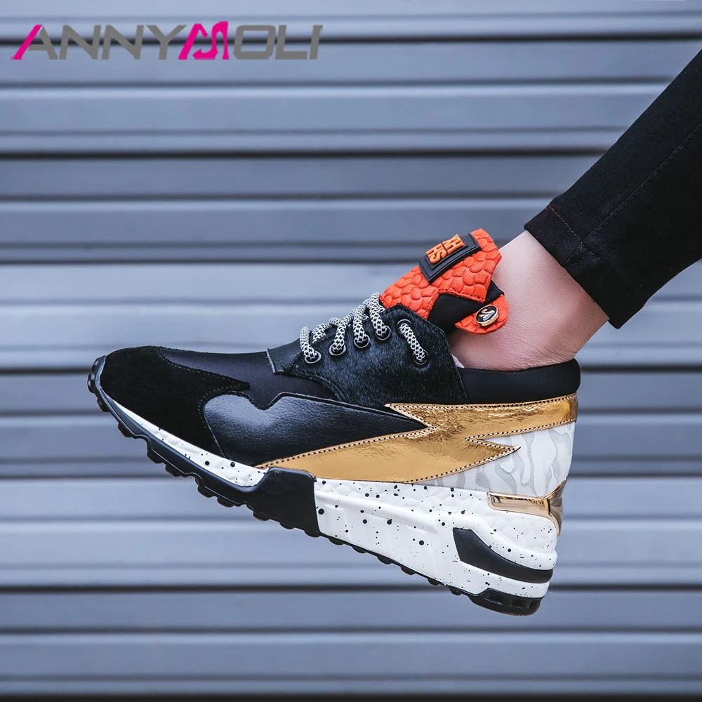 

ANNYMOLI Spring Flats Women Shoes Sneakers Cow Suede Flat Platform Shoes Casual Lace Up Round Toe Shoes Female Gold Size 35-42