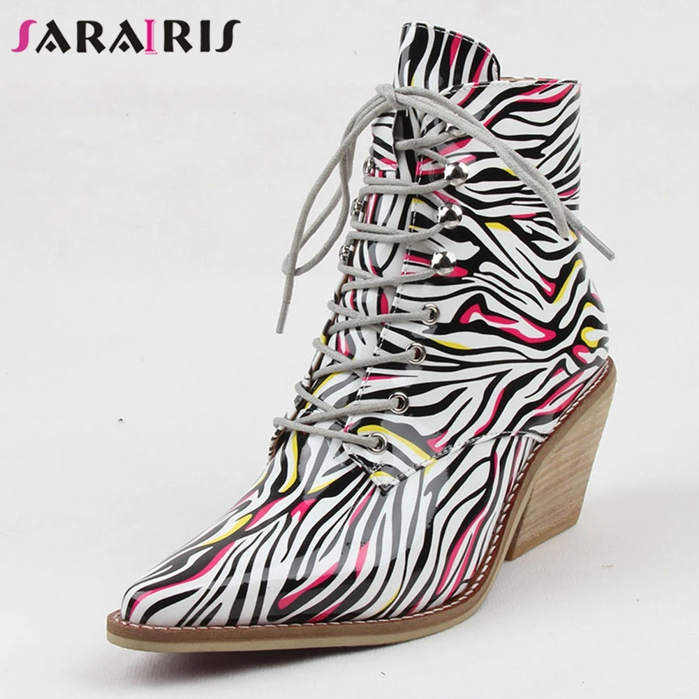 

SARAIRIS Brand New Big Size 35-43 Lace Up Print Ladies High Heels Pointed Toe Shoes Woman Casual Party Autumn Ankle Boots