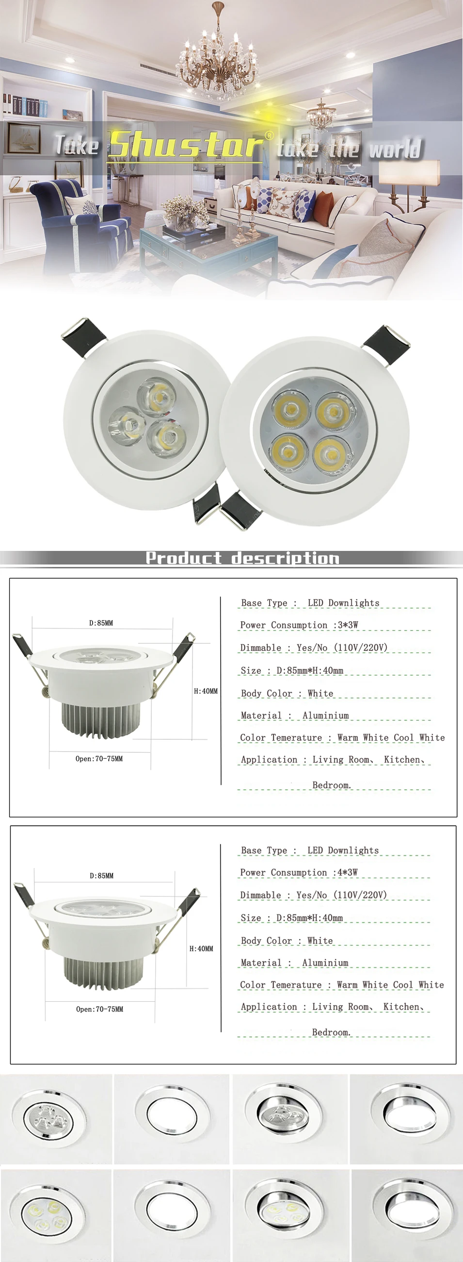 Dimmable3X3W 9 Вт 4x3 Вт 12 Вт светодиодные светильники встраиваемые лампы светодиодные лампы 95-265 В свет с LED Driver