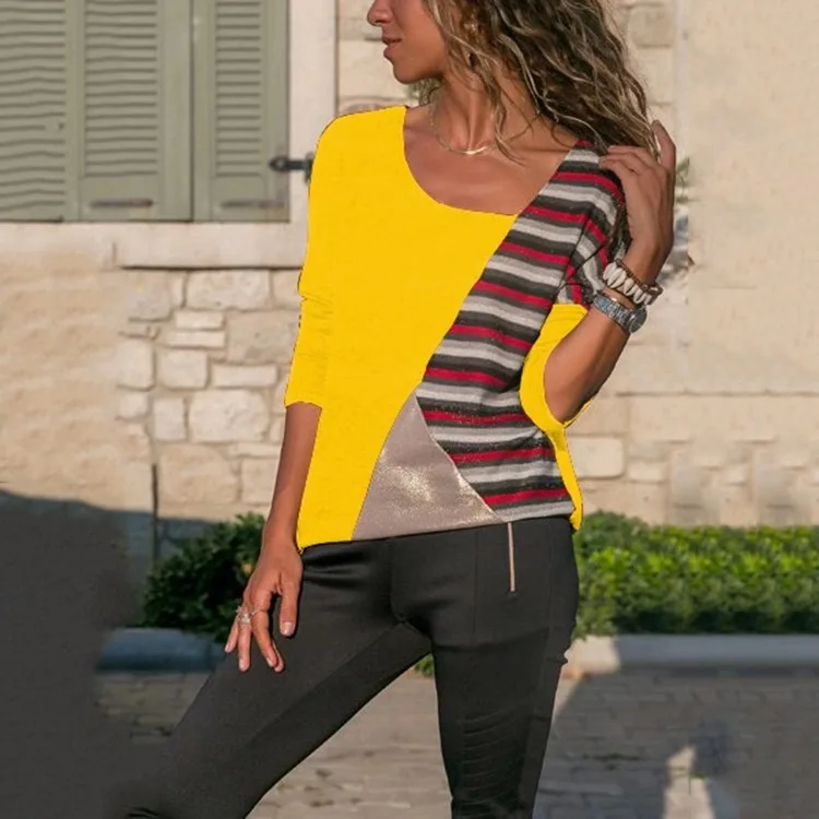 5XL زائد حجم تي شيرت المرأة 2019 ربيع جديد خياطة التباين اللون غير النظامية طوق طويلة الأكمام عارضة القمصان بلوزة خضراء اللون المحملة