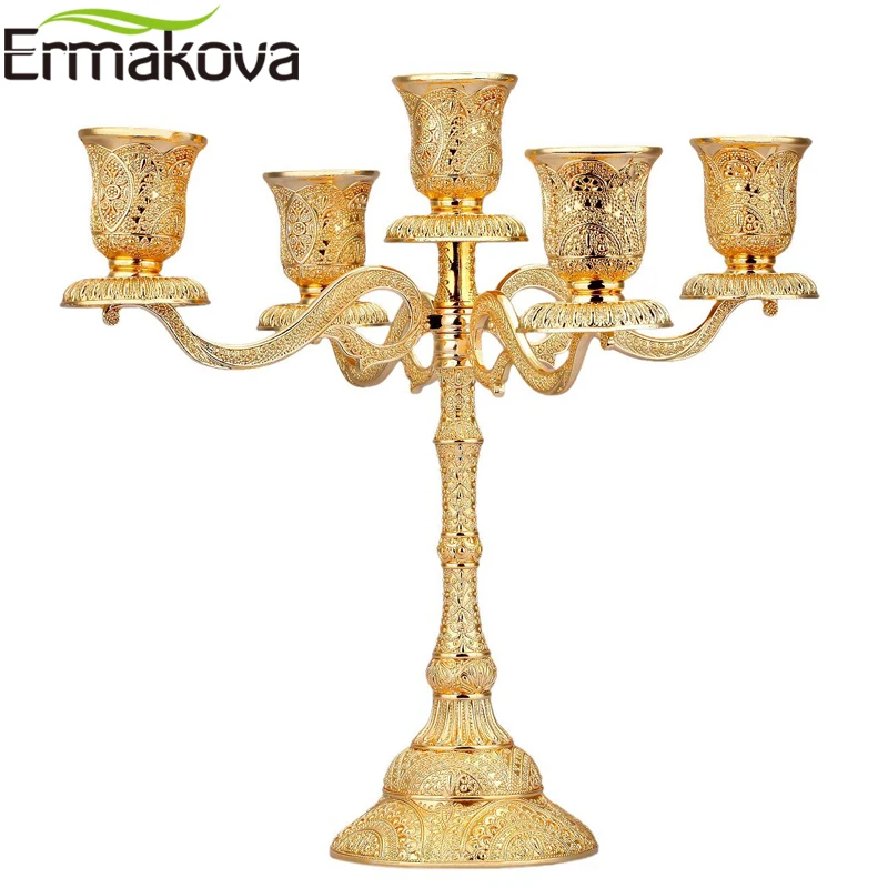 ERMAKOVA Metal Candle Holder Stand Candelabra Taper Golden Candlestick Floral Peacock Embossed Wedding Event Party Candelabra