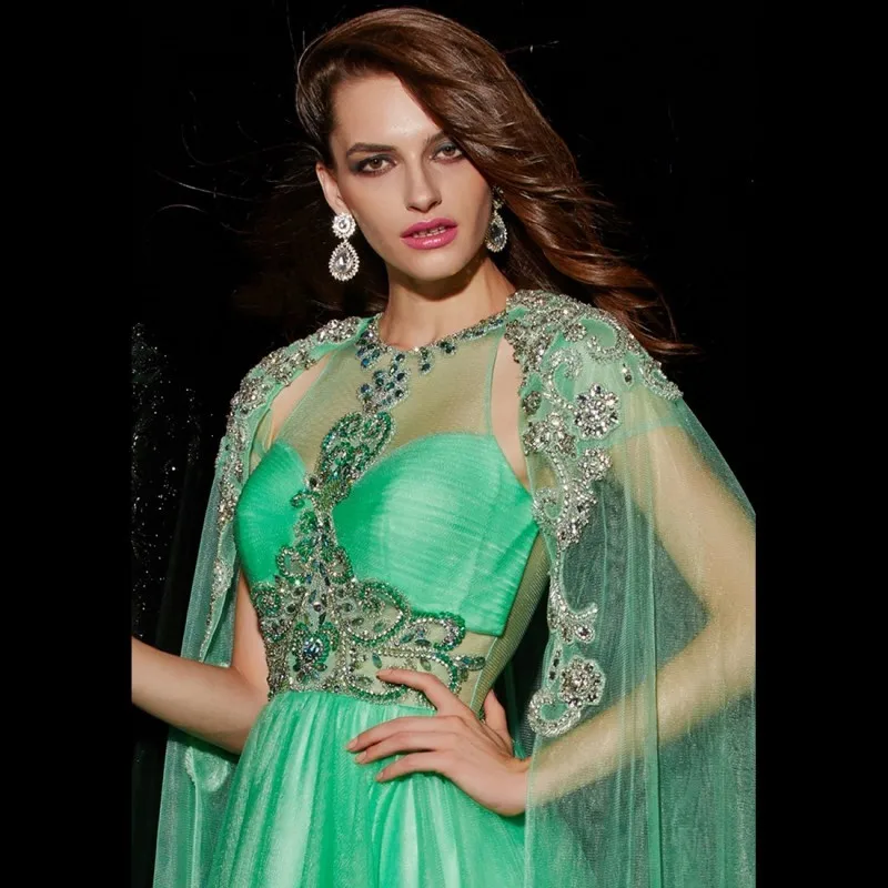 Don's Bridal Fashion A Line Arabic Dubai Evening Dresses 2016 Crystal Beading Mint Green Shawl Tulle Jewel Formal Party Dress