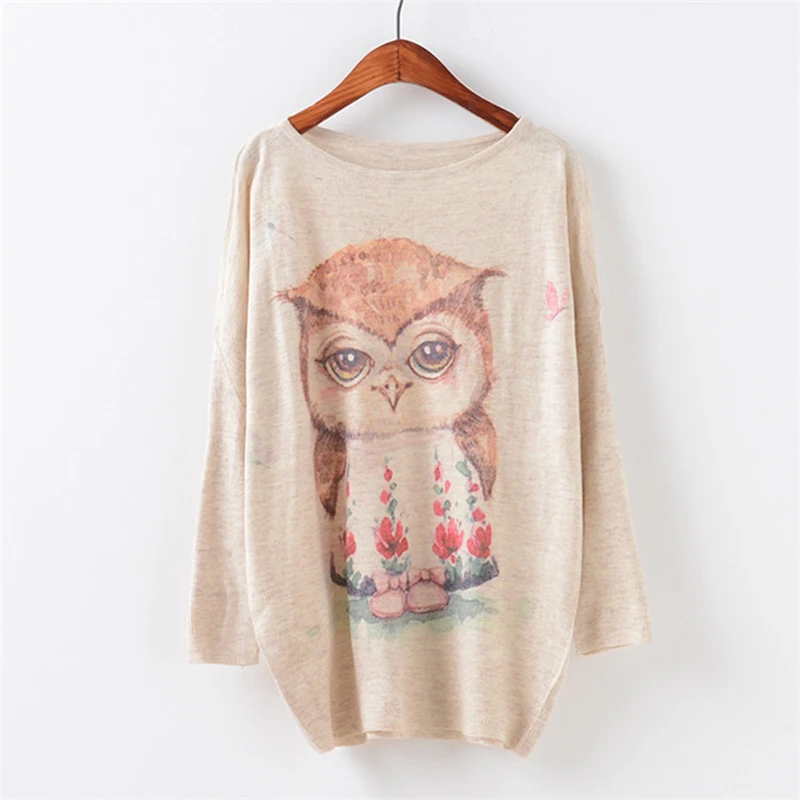 

2018 Hot Women Autumn Winter Long Batwing Sleeve Knitted Sweater Fashion Floral Dress Owl Print Loose Pullover Knitwear Tops