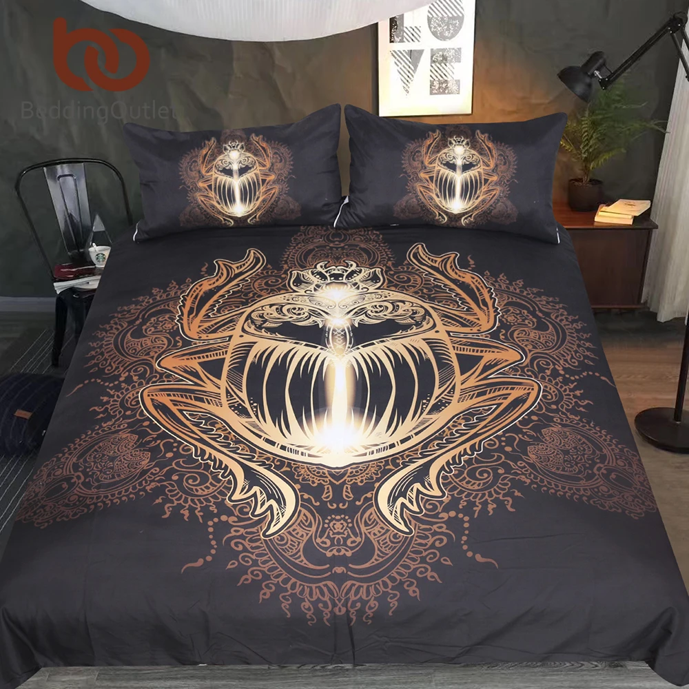 

BeddingOutlet Golden Beetle Bedding Set Queen Insect Duvet Cover Set Paisley Boho Print Top Rated Black Bedclothes 3-Piece