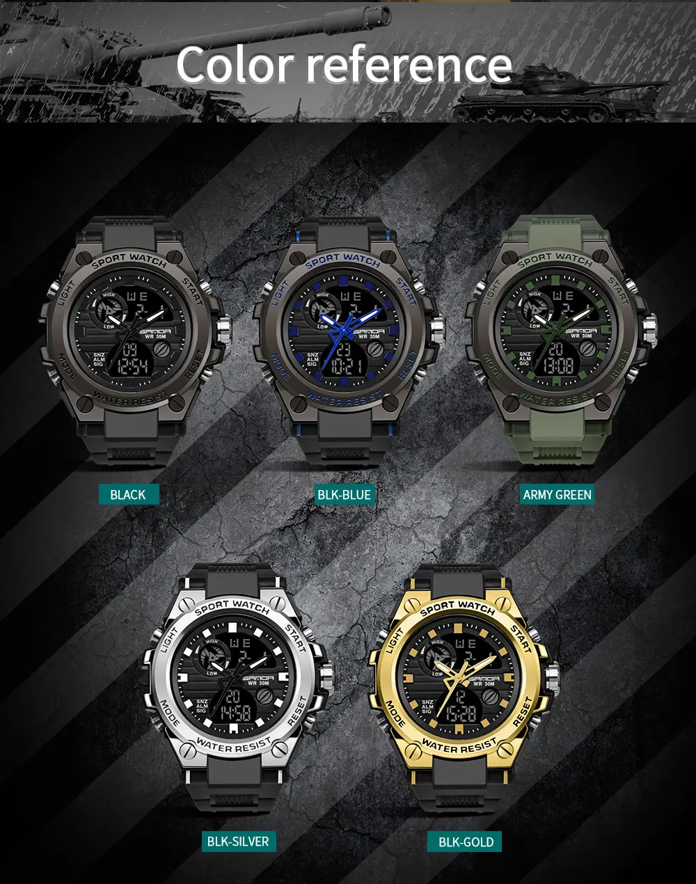 SANDA Модные мужские спортивные часы профессиональные военные мужские s цифровой светодиодный армейские часы, работающие под водой часы