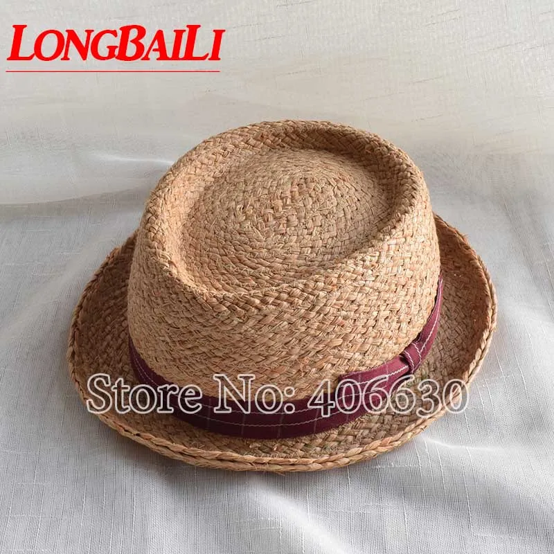 

New Fashion Short Brim Raffia Straw Fedora Hats For Men Chapeau Pork Pie Hat Women Free Shipping PGSX010
