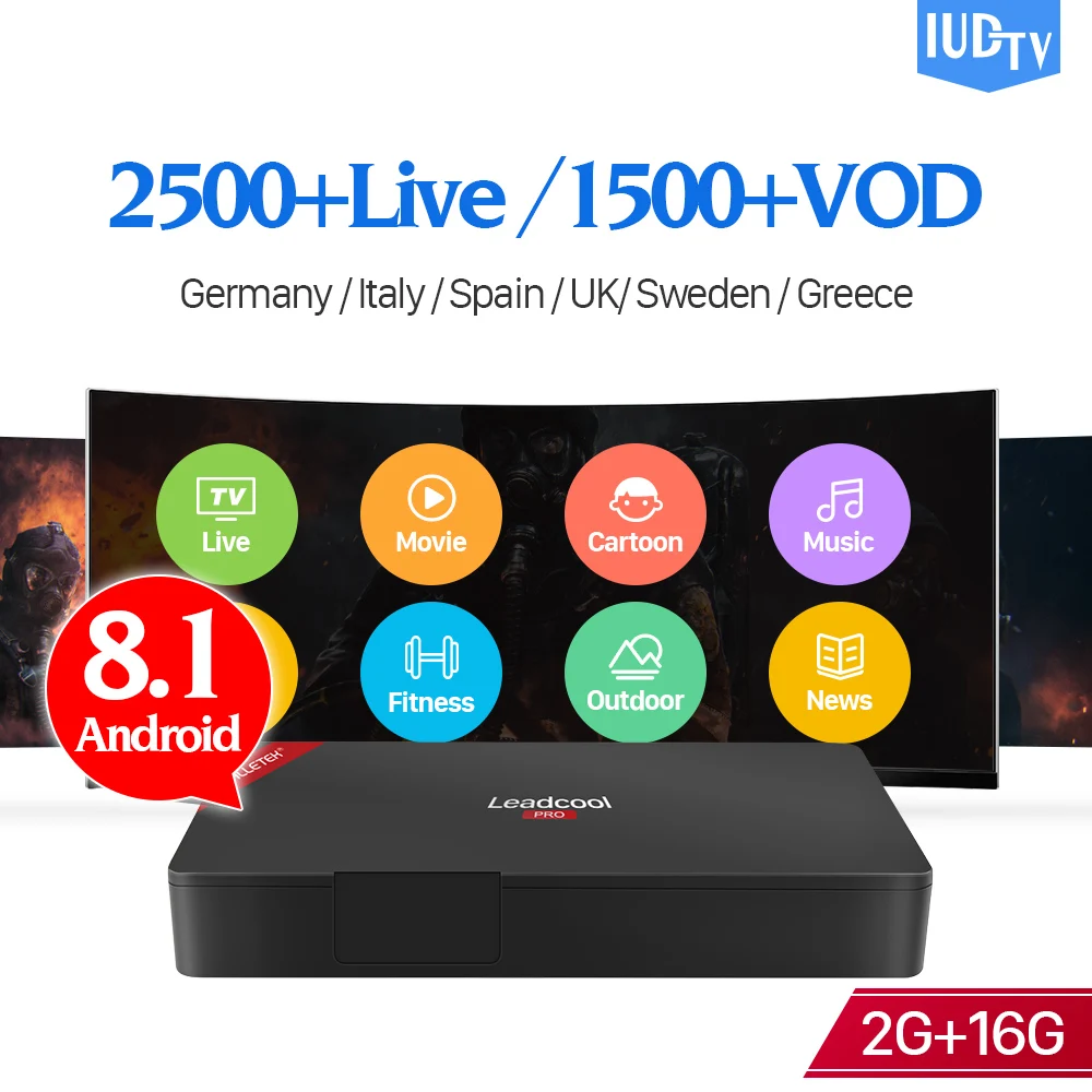 

IP TV Box Android 8.1 with IUDTVpro IPTV subscription Leadcool Pro TV Box IPTV Sweden Arabic Turkey Portugal Spain Italia IPTV