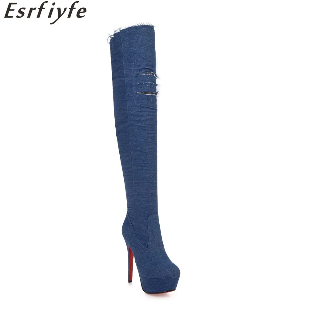 

ESRFIYFE 2018 New European Style Denim Over Knee Boots Thin High Heel Round Toe Platform Women Boots Sexy Thigh High Boots Woman