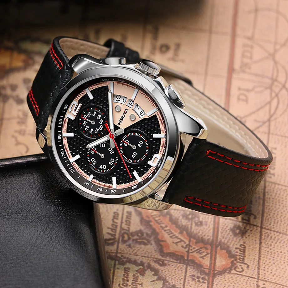 YISUYA Mens Watch Chronograph Military Pilot Sport Quartz-watch Red Snitch Date Day Calendar Mans Wristwatch Relogio Masculino (12)