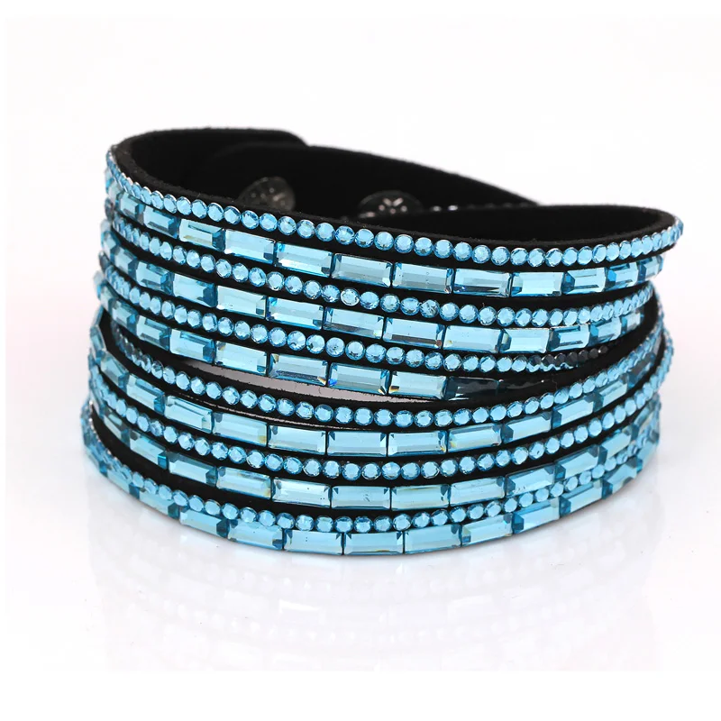 

2016 new fashion colors crystal woman wrapped in bracelets & bangles multilayer beather bracelet rhinestone wholesale blue