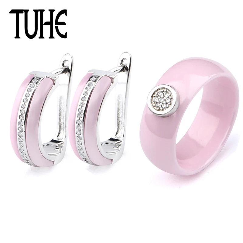 

New Lovely Pink Ceramic Set Crystal U Shaped Elegant Earrings 8MM Wide Smooth Rings Make by Healthy Ceramic Material For Women