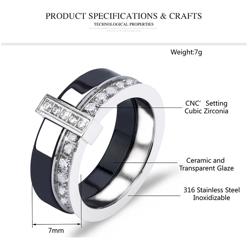 Модное блестящее Хрустальное двойное кольцо из нержавеющей стали с гладким керамическим кольцом для женщин, свадебные украшения, черный, белый, розовый