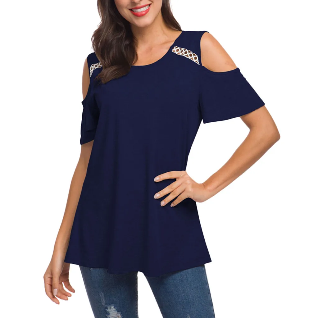

Feitong XXXL Women Top And Blouse Women Sexy Openwork Lace Off Shoulder Tops Solid Slim Short Sleeve Blouse camisa feminina