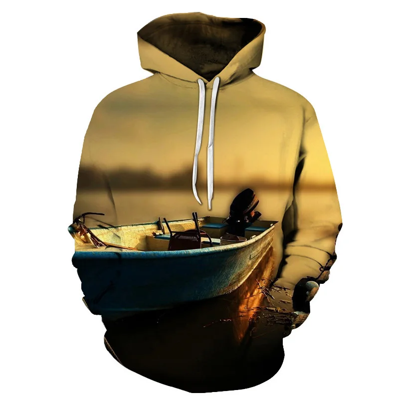 NRAHBSQT White Hoodie Fishing Rod Printing Loose Hooded Sweatshirt Fishing Clothes Men Long Sleeve Outdoor Sport Sweater FC015