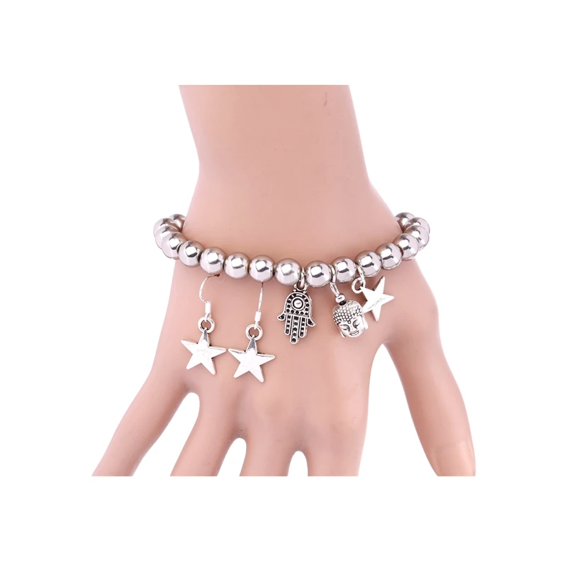 

1 set Buddha Head Lucky Star And Hamsa Hand Charm Stretch Line Bracelet And Star Earrings 19cm 8mm Bead