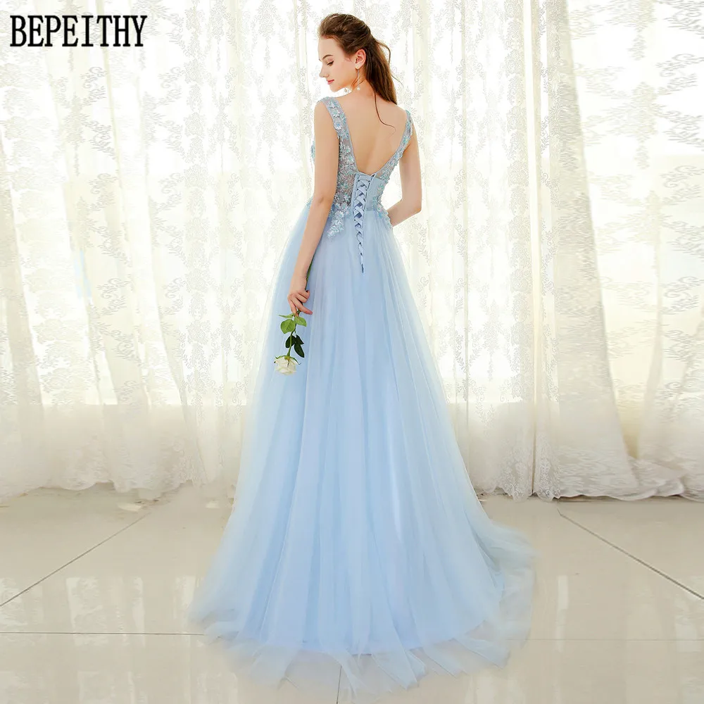 BEPEITHY Новое поступление vestido de festa А-силуэт Небесно-Голубой тюль v-образный Вырез Кружева Бисер Аппликация вечернее платье длинное платье для выпускного вечера