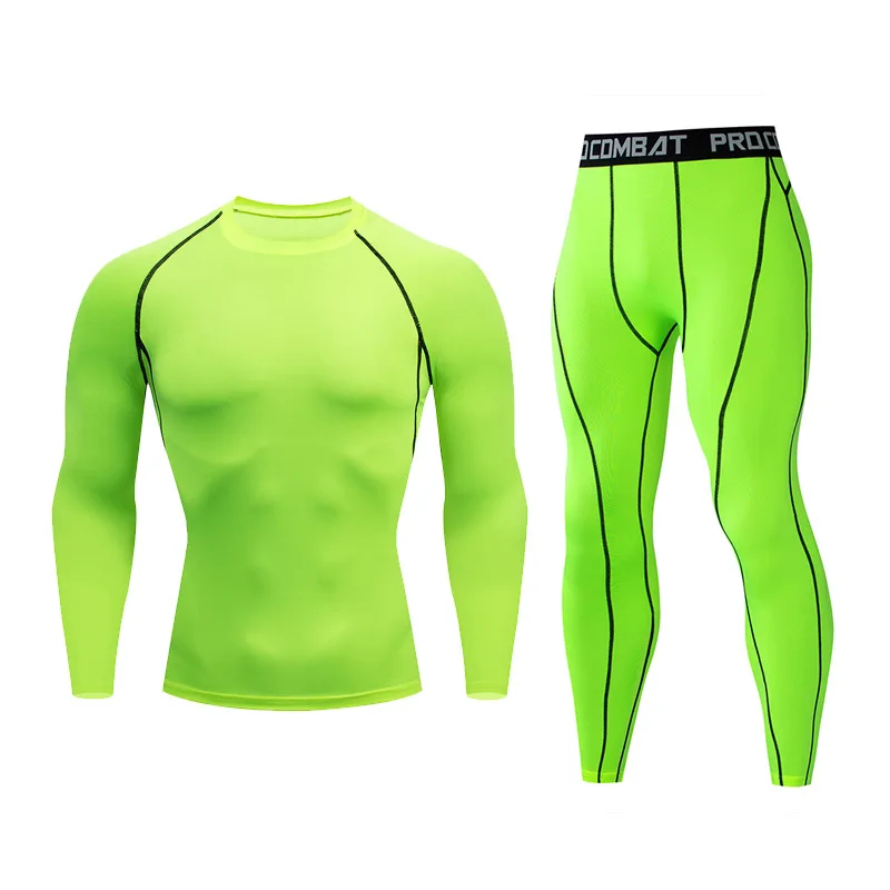 Фирменный мужской однотонный комплект для фитнеса, компрессионная футболка+ колготки, спортивный комплект для спортзала, набор для бега и быстросохнущего MMA Rashguard - Цвет: Черный