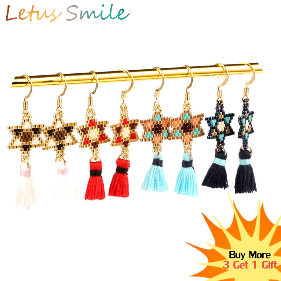 

Colorful Star Pendant Earrings Women Fashion Miyuki Seedbeads Long Earring Bohemian Tassel Drop Earrings Handwoven Ear Jewelry