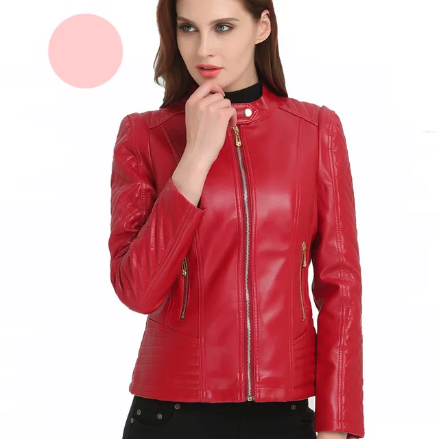 Winter Autumn Red faux leather PU Women Mother Motorcycle Jacket Black