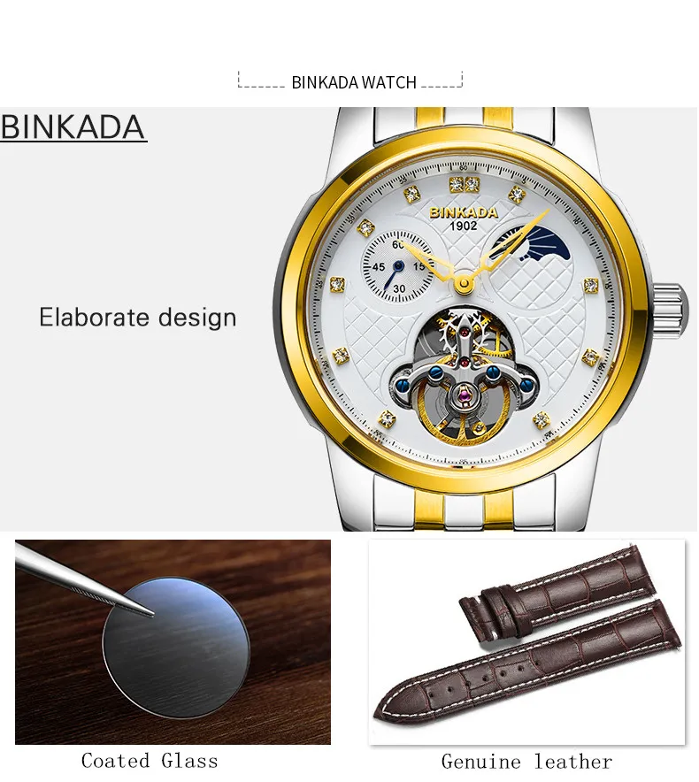 Binkada Для мужчин S Moon Phase Tourbillon автоматические механические Часы Для мужчин люксовый бренд погружения 30 м Бизнес полный стали смотреть