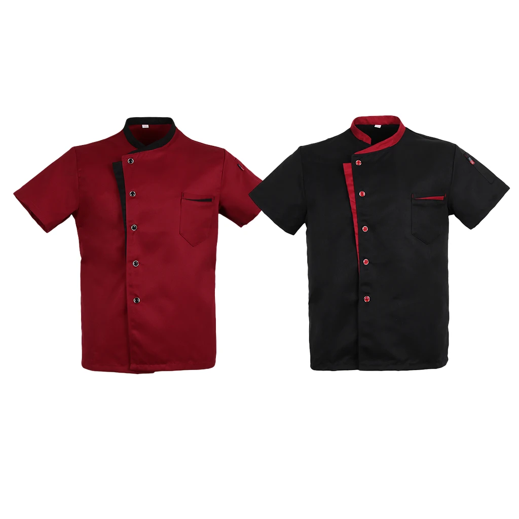

1 Pcs Soft Breathable Unisex Chef Jacket Single-breasted Short Sleeves Tunic Hotel Waiters Kitchen Uniform Red/Black