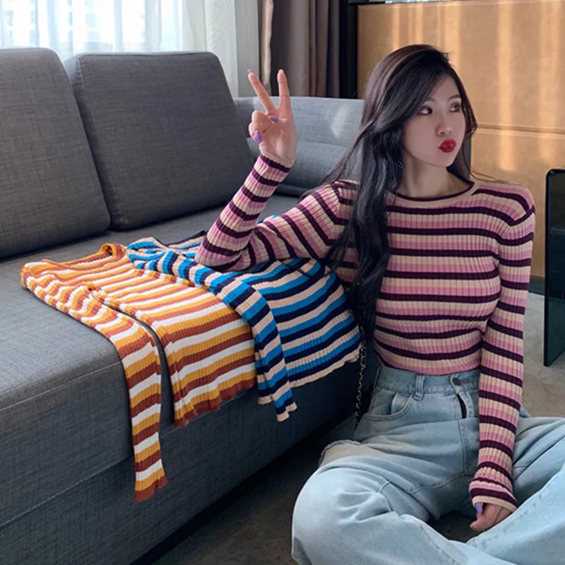 

Korean style Women's Clothing fashion brand spring fall new long sleeve striped o-neck knitted sweater pullovers tops aesthetic