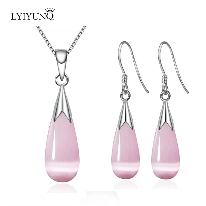 

LYIYUNQ Fashion Simple Style Water Drop Opal Jewelry Sets For Women Crystal Long Earrings Pendant Necklace Cute Jewelry Set