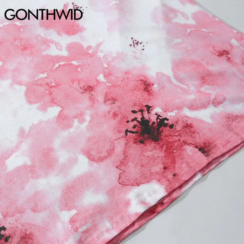 Футболки GONTHWID Cherry Blossom Ink Tie Dye с принтом, уличная Мужская футболка в стиле хип-хоп, повседневные топы с коротким рукавом, футболки Harajuku, футболки